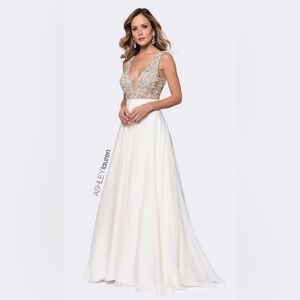 Ashley Lauren Beaded Bodice V-Neck Gown - Ivory/Nude - STYLE 1164
